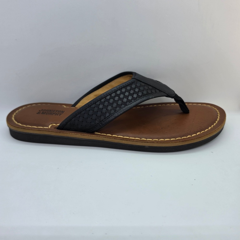 Johnston & Murphy Mens 9M Woven Leather Flip Flop Sandals Black Brown 25-3665 - Picture 8 of 9